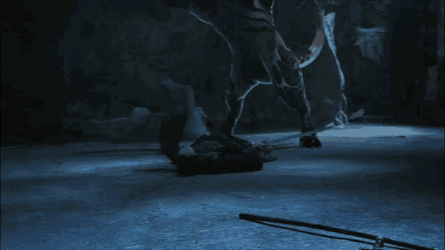 a person is laying on the ground with a sword in front of a tiger