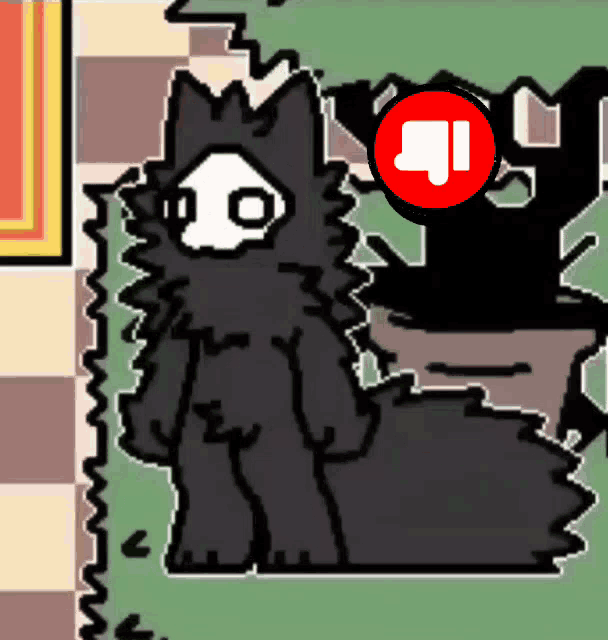 a cartoon drawing of a black furry animal with a red circle around it that says ' i ' on it