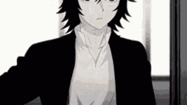 a girl in a black jacket and white shirt is standing in a doorway .