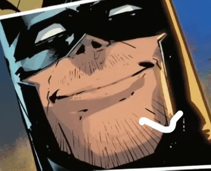 a close up of a comic book character with a white arrow pointing to the right