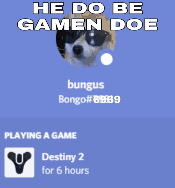 a dog wearing sunglasses and the words he do be gamen doe playing a game destiny 2 for 6 hours