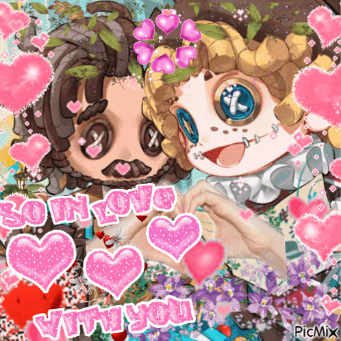 a couple of cartoon characters are making a heart with their hands and the words so in love with you are surrounded by pink hearts