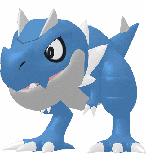 a blue and white cartoon dinosaur with sharp claws on a white background