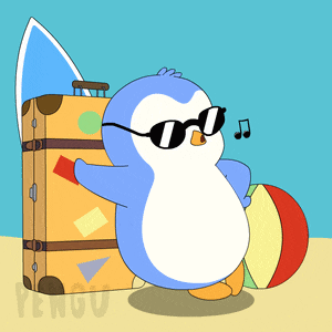 a penguin wearing sunglasses is standing next to a beach ball and suitcases