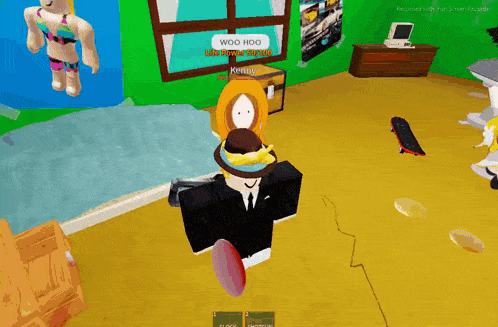 a cartoon character in a room with the words woo hoo on the bottom