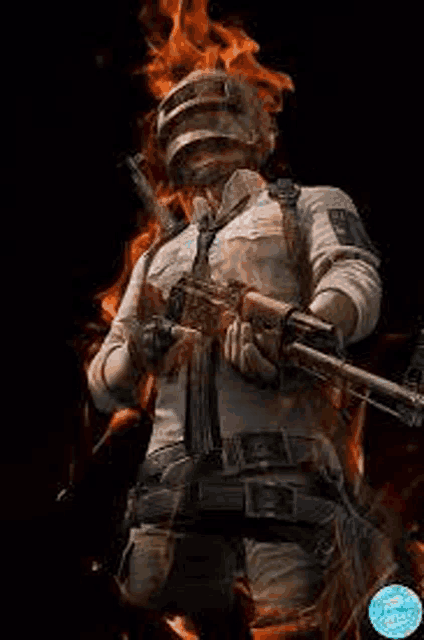 a man is holding a rifle in front of a fire .