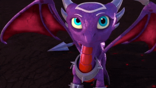 a purple dragon with blue eyes and red wings is looking at the camera