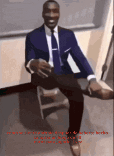 a man in a suit and tie is sitting on a stool with his legs crossed