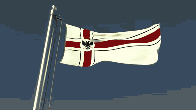 a white and red flag with an eagle on it is flying in the wind