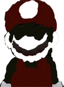 a cartoon character with a red hat and a white circle on his hat .