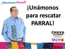 a man wearing a blue shirt that says chava calderon on the sleeves