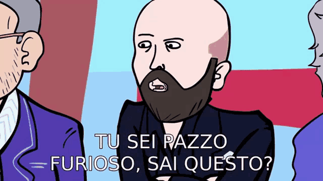 a cartoon of a bald man with a beard and the words tu sei razzo furioso sai questo