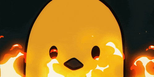 a cartoon chicken with a black beak is surrounded by fire