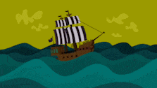a cartoon pirate ship with a striped sail