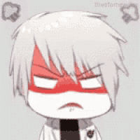 a cartoon character with white hair and a red mask on his face is making a funny face .
