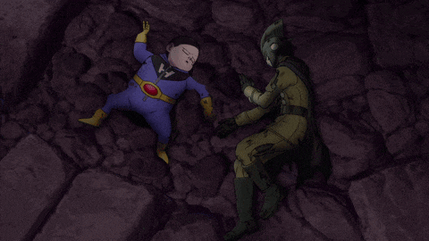 a cartoon of a man in a purple suit and a man in a black cape