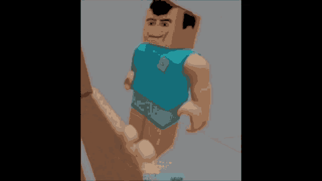 a cartoon character with a blue shirt and shorts is standing on a wooden plank .