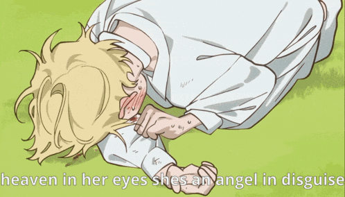 a cartoon of a woman laying on the ground with the words heaven in her eyes shes an angel in disguise
