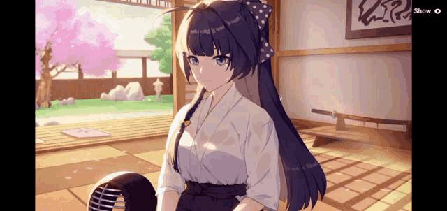 a girl with long black hair is sitting in a room with a kendo sword .