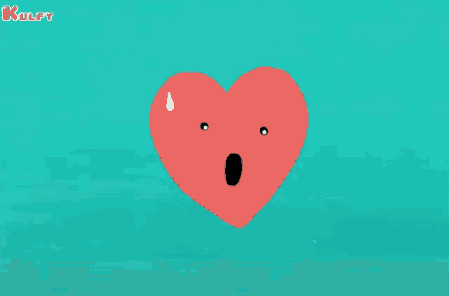 a red heart with a surprised look on its face on a green background .