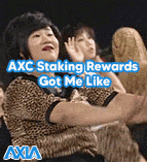 a woman in a leopard print dress is clapping with the words axc staking rewards got me like on the bottom