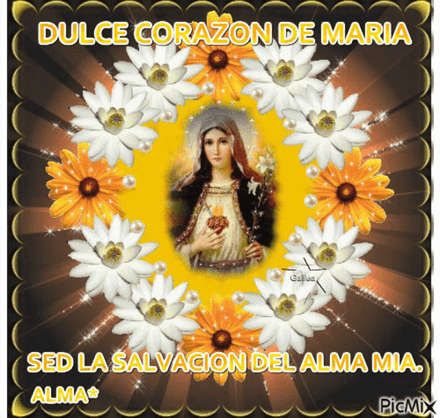 a picture of a woman surrounded by flowers with the words dulce corazon de maria on it
