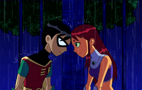 robin and starfire are looking at each other while standing in the rain
