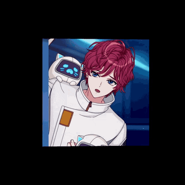 a boy with red hair is holding a robot in his arms