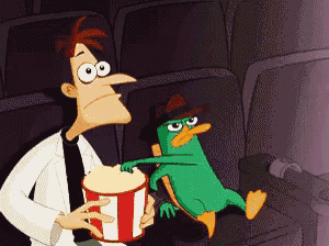 a cartoon of perry the platypus eating popcorn