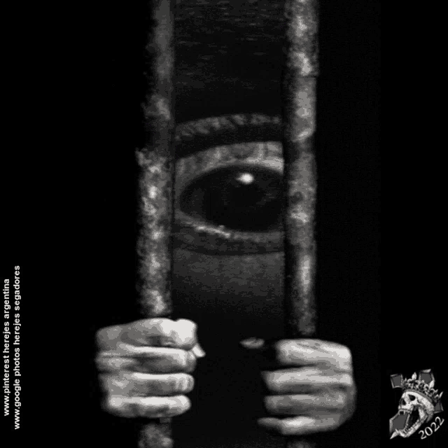 a black and white photo of a person behind bars and the year 2022