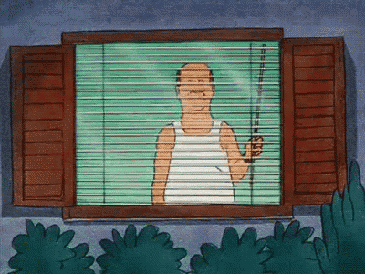 a cartoon of a man looking out a window with blinds open