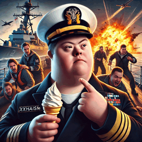 a cartoon of a man with down syndrome holding an ice cream cone with the name xxhaism on it