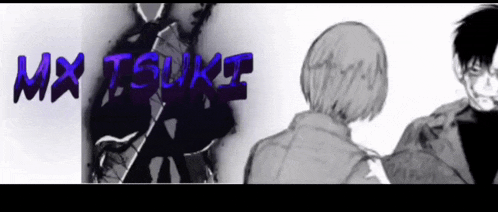 a black and white drawing of a man and a woman with the name mx tsuki written in blue