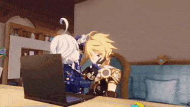 a couple of anime characters are kissing in front of a laptop computer .