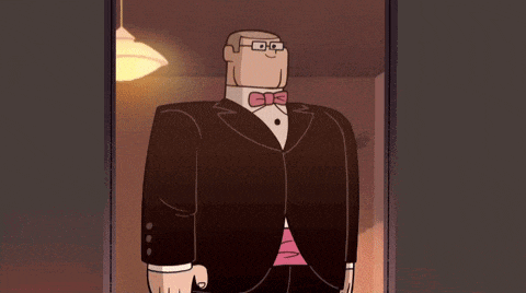 a cartoon man in a tuxedo and bow tie is giving the peace sign