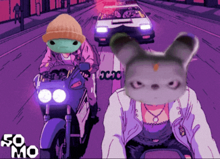 a cartoon of a man and a rabbit riding motorcycles with 50 mo written on the bottom