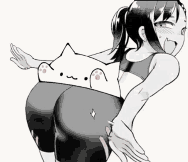 a black and white drawing of a woman with a cat on her back