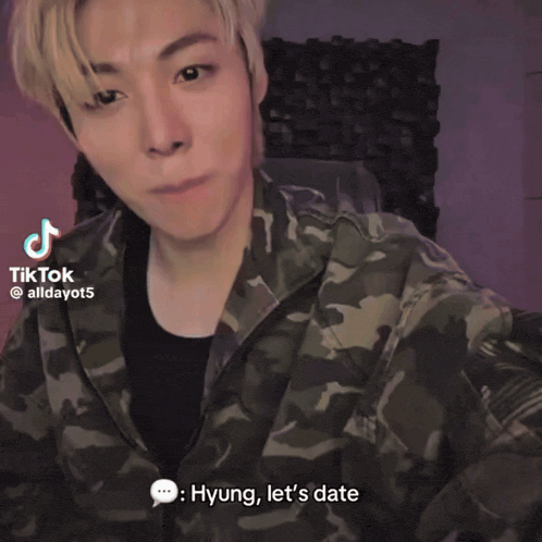 a tiktok video of a man talking to another man says but you 're my hyung how could you even think about dating me