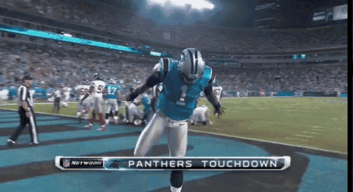 a panthers player celebrates a touchdown during a game