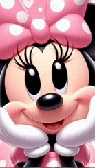 a close up of a minnie mouse with a pink bow on her head