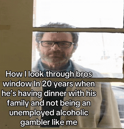 a man with glasses and a beard looks through a window with a caption that says how i look through bros window in 20 years
