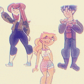 a drawing of three cartoon characters including a girl wearing a bikini top
