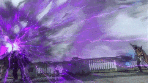 a purple lightning bolt is coming out of a person 's mouth