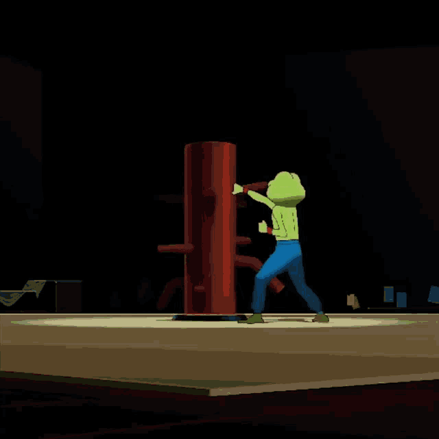 a cartoon character with the number 1 on his back is standing in front of a red dummy