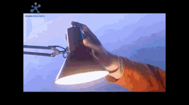a person holding a lamp in front of a sign that says aquamarine