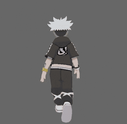 a cartoon character with white hair and goggles is standing on a gray background .