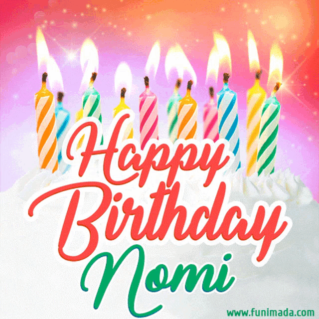 animated birthday card for nomi with candles on a cake
