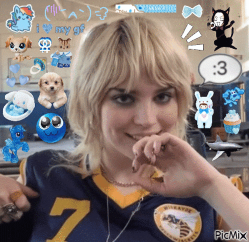 a girl wearing a jersey with the number 7 on the front