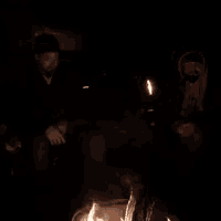 two men are sitting in front of a fire at night .
