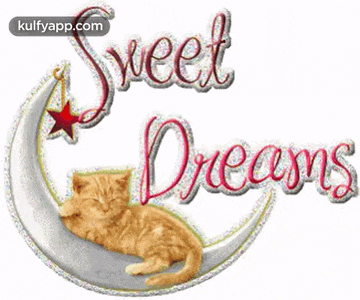 a cat laying on a crescent moon with the words sweet dreams written above it